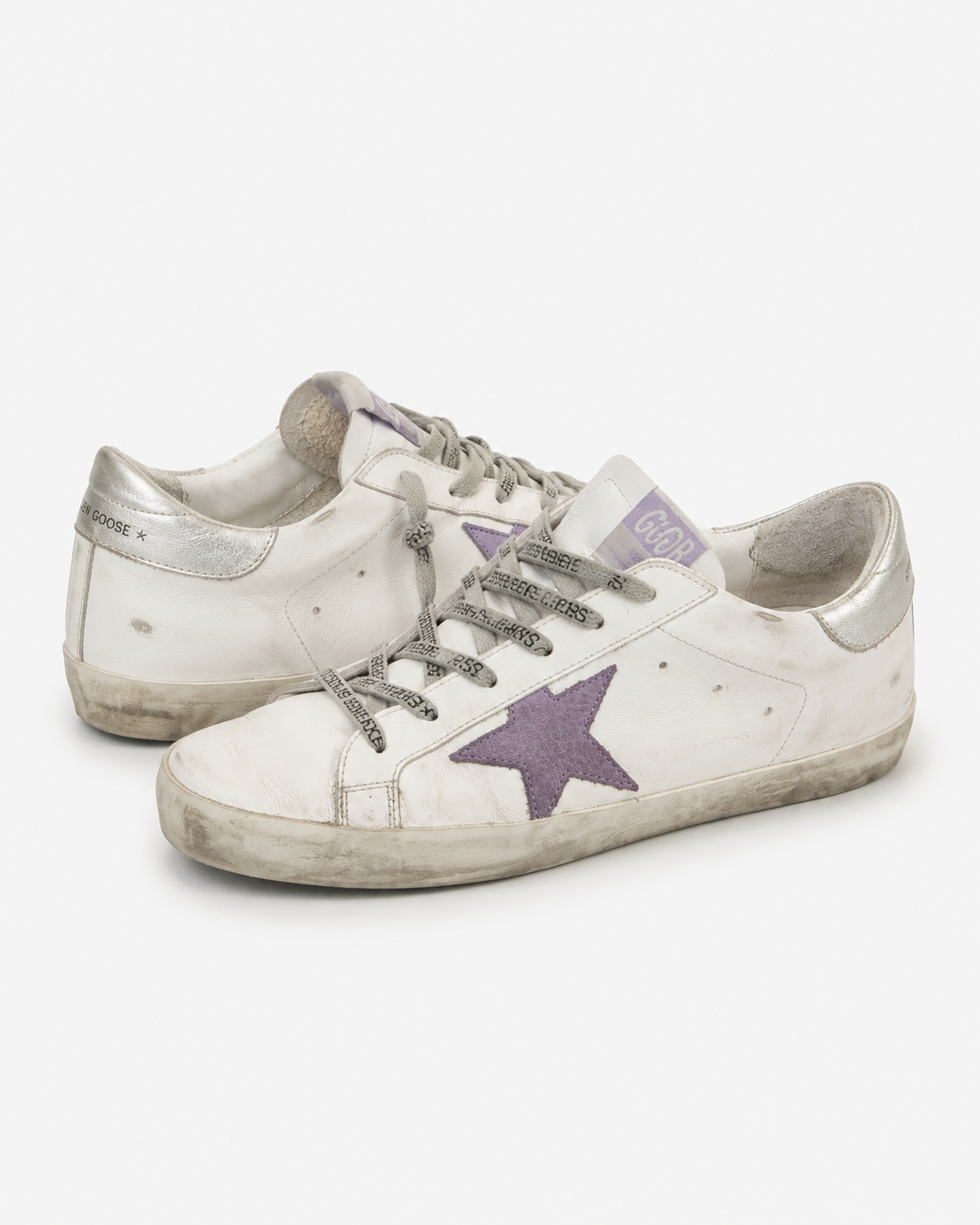 Golden Goose Super-Star White Leather Purple Star Sneakers, Women's 8.5
