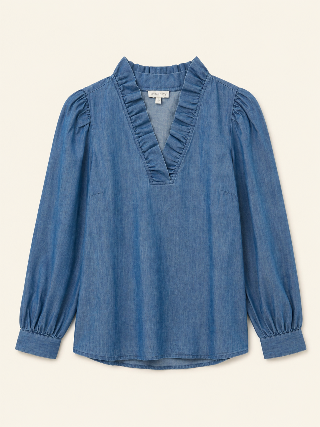 Crown & Ivy Chambray Ruffle-Neck Blouse, Women's XL