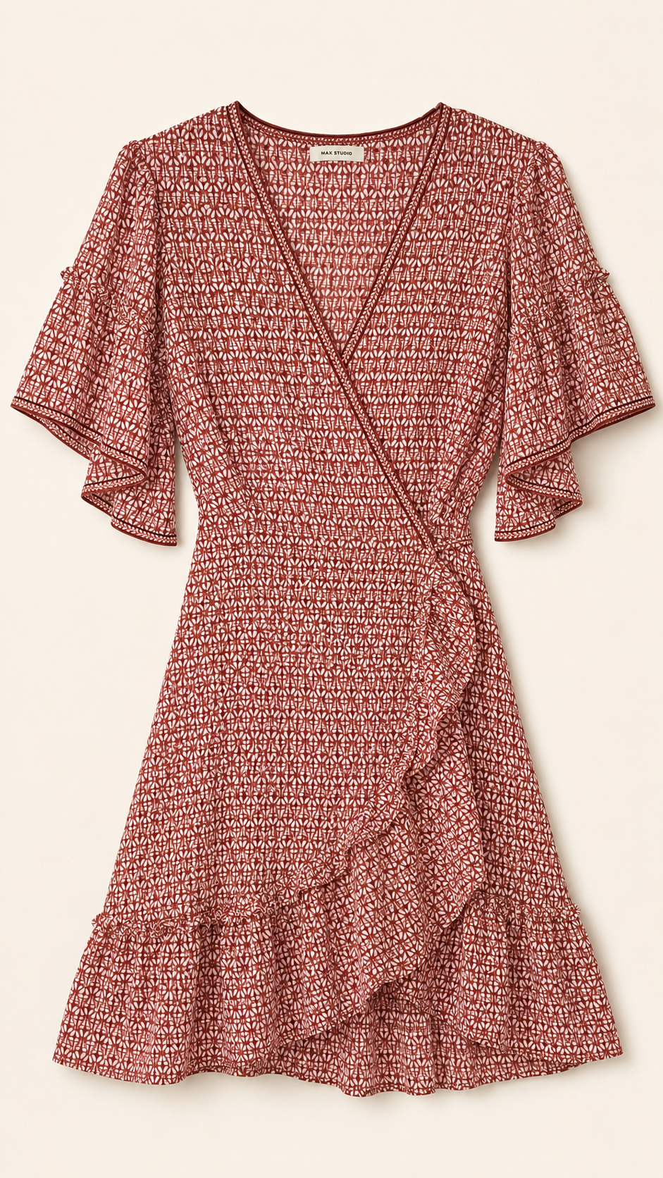 Max Studio Rust Printed Faux-Wrap Ruffle Dress, Women's Small