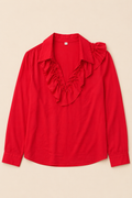 Red Ruffle-Trim Collared Blouse, Women's Large