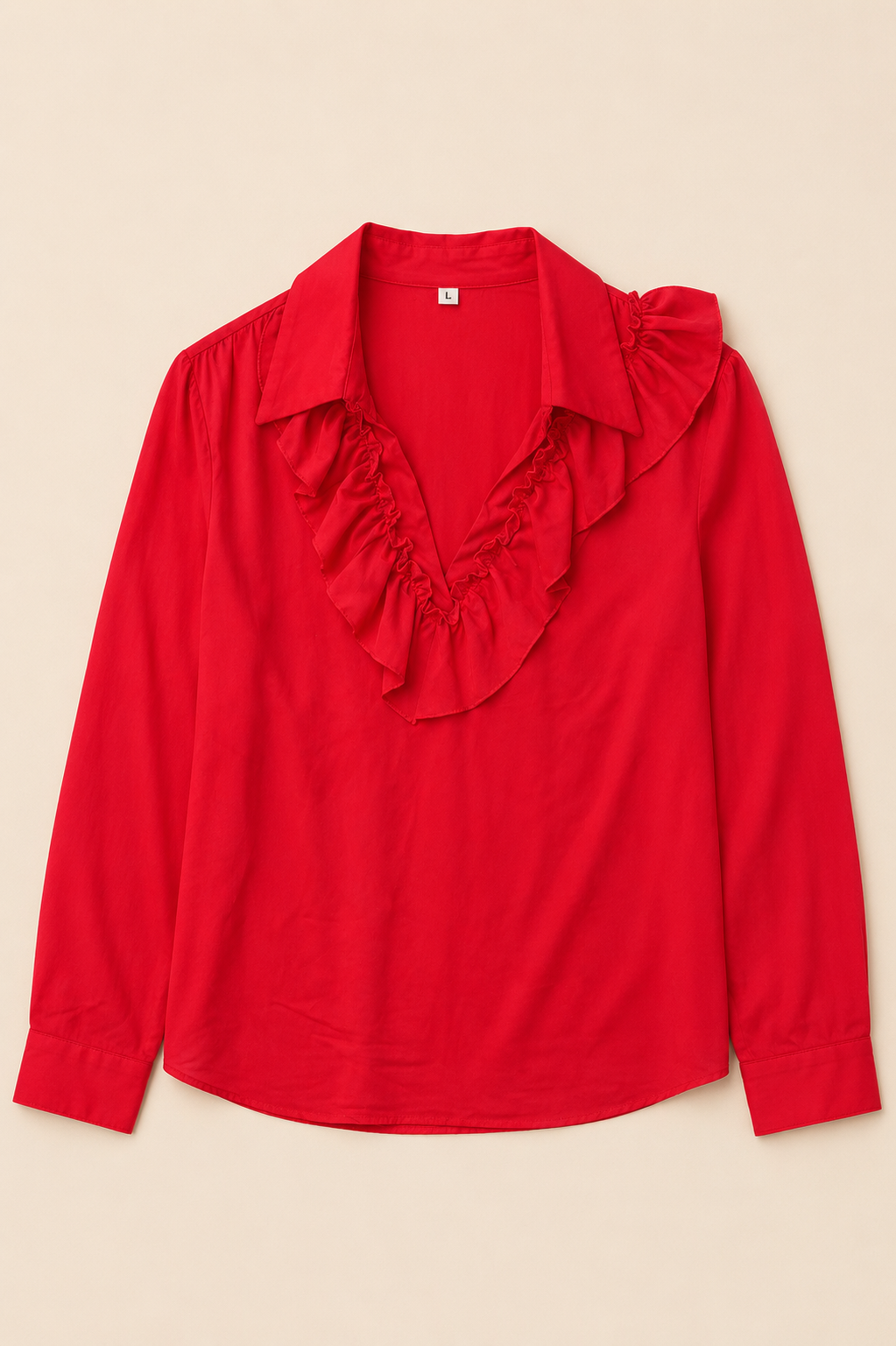 Red Ruffle-Trim Collared Blouse, Women's Large
