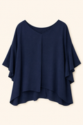 Caramela Navy Layered Flutter-Sleeve Blouse, Women's Large
