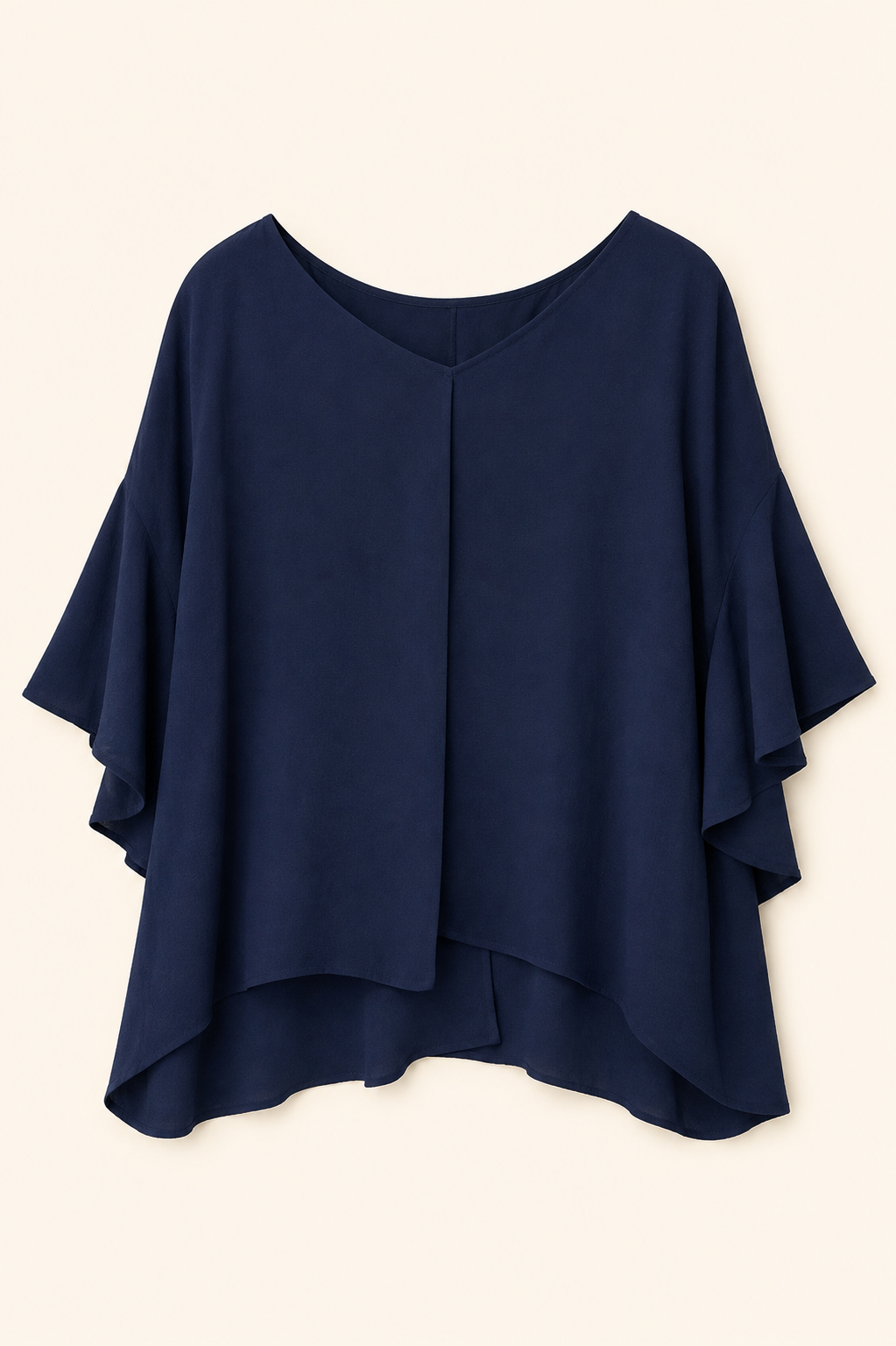 Caramela Navy Layered Flutter-Sleeve Blouse, Women's Large