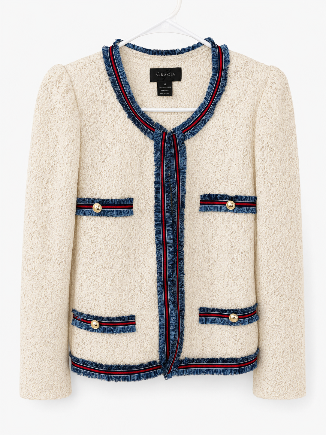 Gracia Ivory Lace Fringe-Trim Jacket, Women's Medium