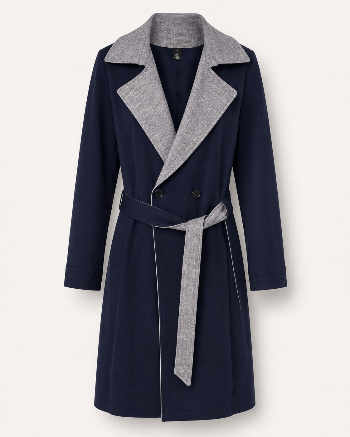 White House Black Market Navy & Gray Colorblock Belted Coat, Women's Medium