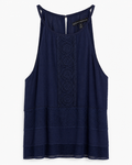 White House Black Market Navy Crochet-Panel Halter Blouse, Women's Medium