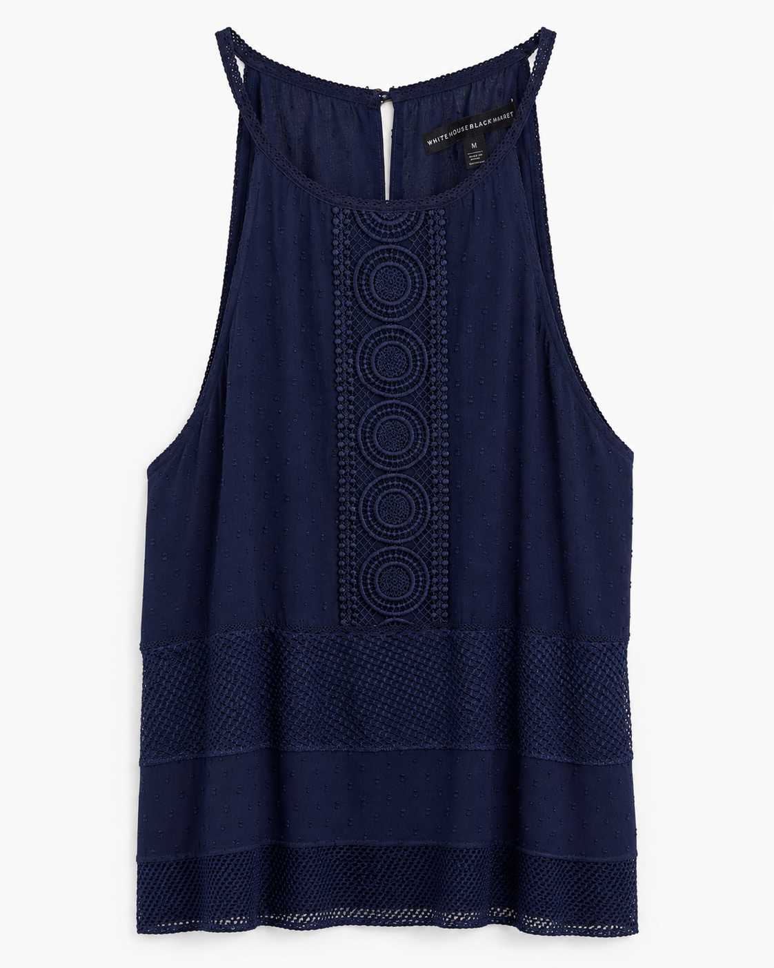White House Black Market Navy Crochet-Panel Halter Blouse, Women's Medium