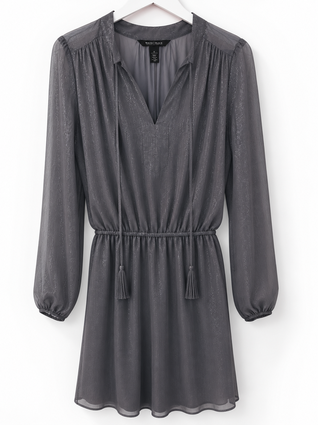White House Black Market Gray Metallic Shimmer Drawstring-Waist Dress, Women's 6