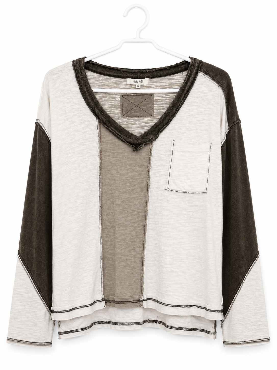 Oli & Hali Neutral Colorblock Raw-Seam Long-Sleeve Top, Juniors Small