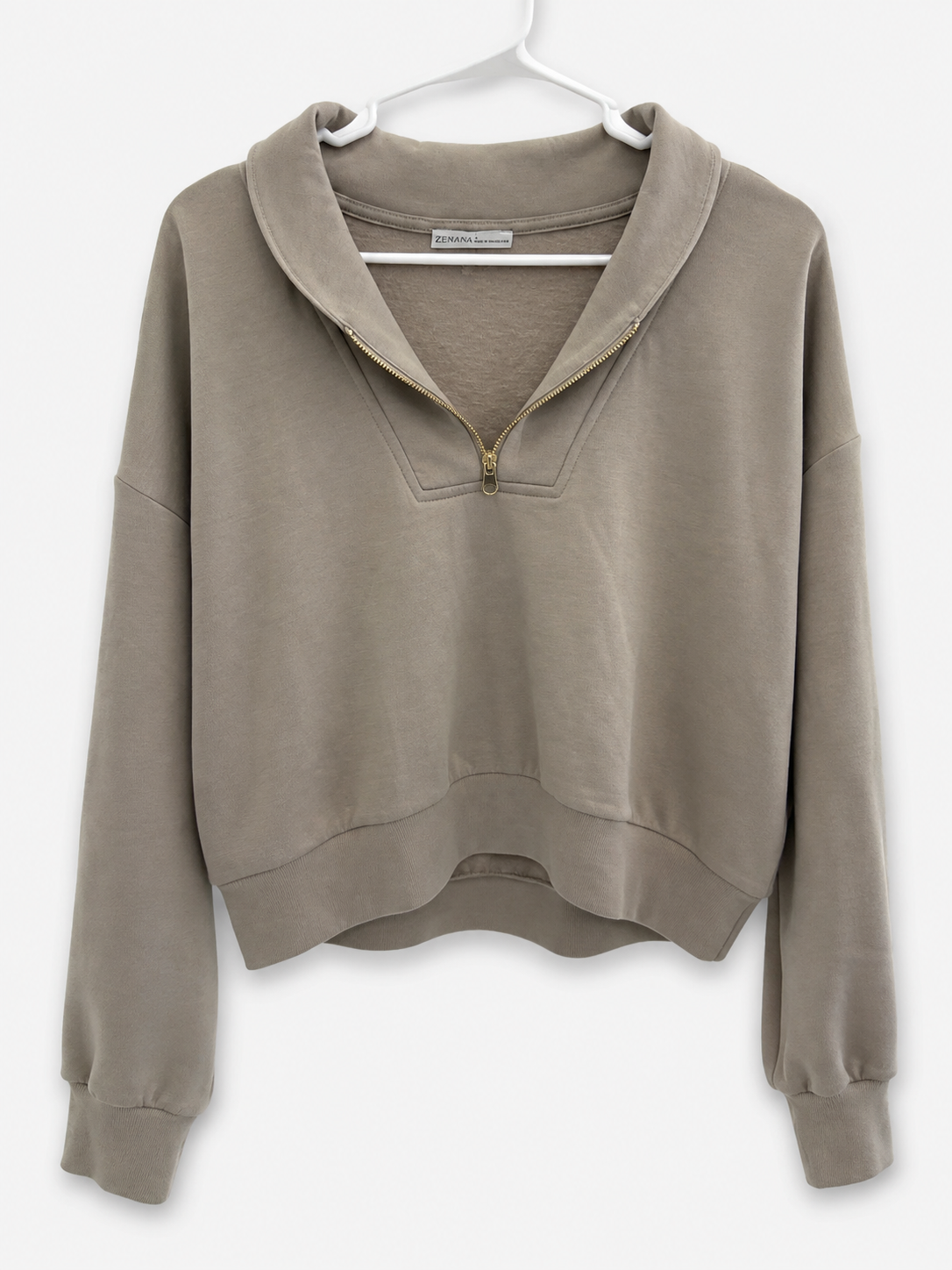 Zenana  Taupe Quarter-Zip Cropped Pullover, Women's Small