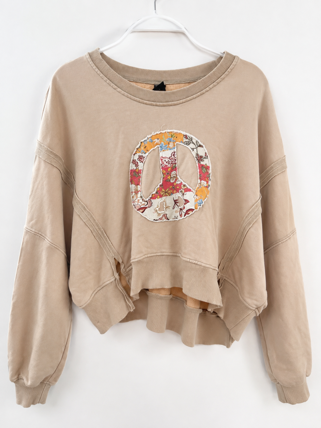 Shein Taupe Floral Patchwork Peace Sign Sweatshirt, Juniors XL
