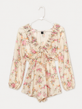 Shein Cream Floral Long Sleeve Tie-Front Romper, Juniors Small