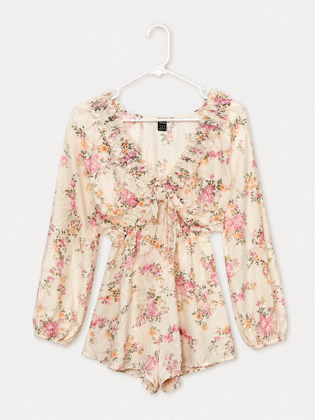 Shein Cream Floral Long Sleeve Tie-Front Romper, Juniors Small