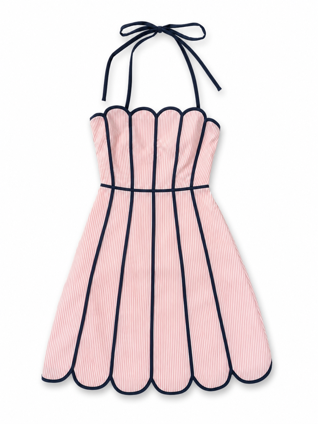 Shein Pink Seersucker Halter Mini Dress with Navy Trim, Juniors Small