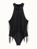 Shein Black Fringe Halter Bodysuit, Small
