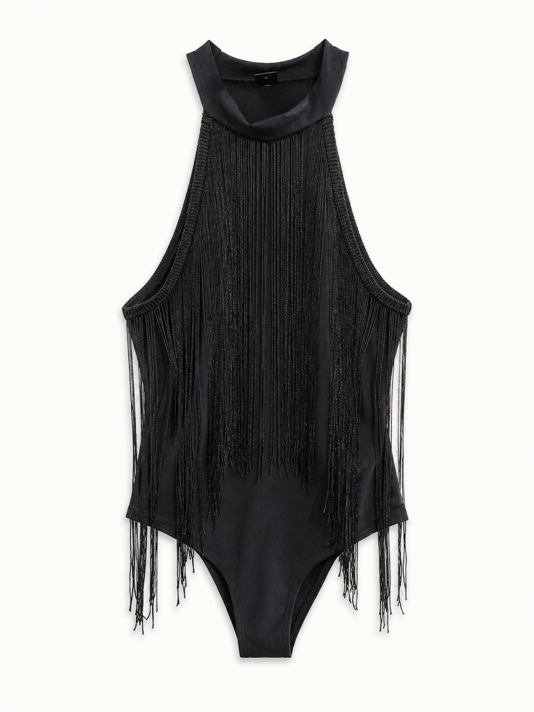 Shein Black Fringe Halter Bodysuit, Small