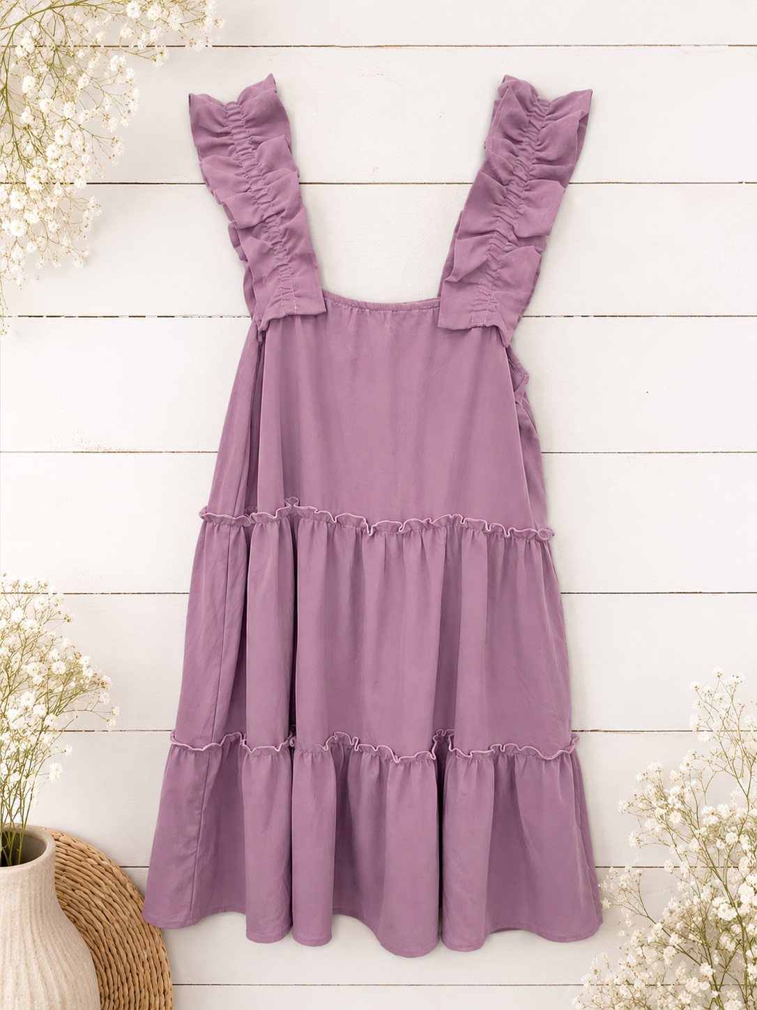 Oddi  Lavender Tiered Ruffle Sleeve Mini Dress, Medium