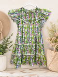 Entro Green Floral Smocked Ruffle Sleeve Mini Dress, Women's Small