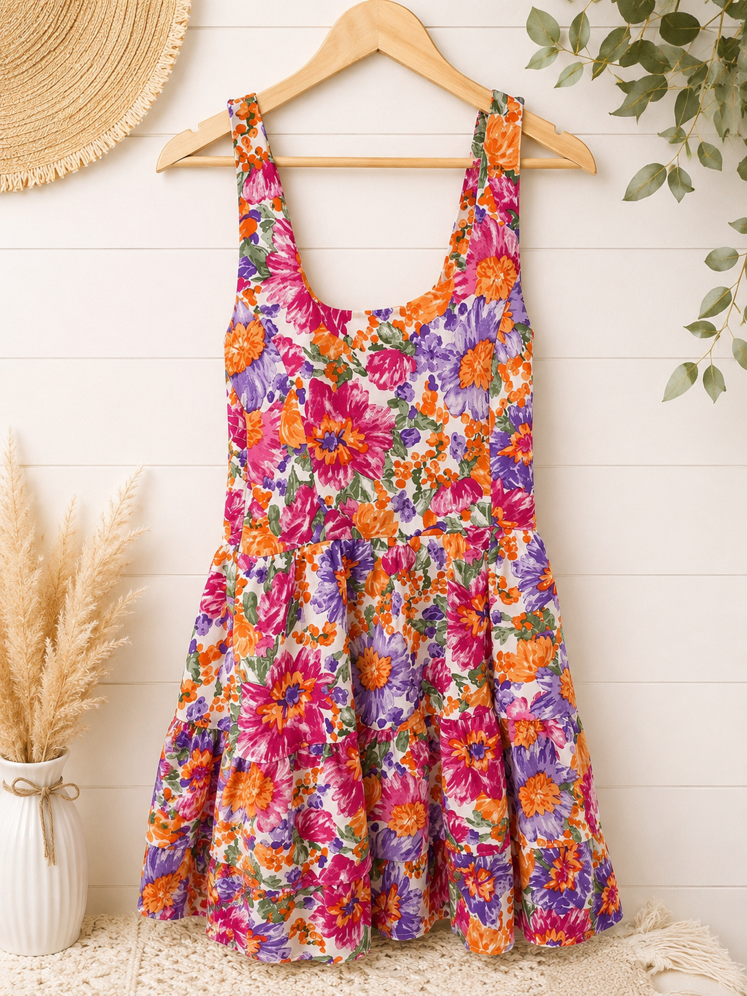 L Love Bright Floral Tiered Mini Dress, Women's Small