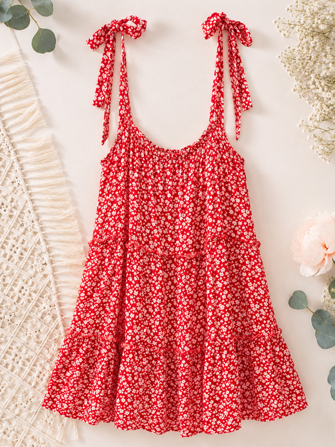 Le Lis Collection Red Floral Tie Strap Mini Dress, Medium