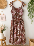 Japna Brown & Pink Tropical Floral Tie Strap Maxi Dress, Women's Small