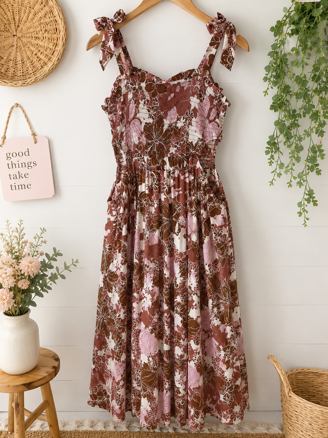 Japna Brown & Pink Tropical Floral Tie Strap Maxi Dress, Women's Small