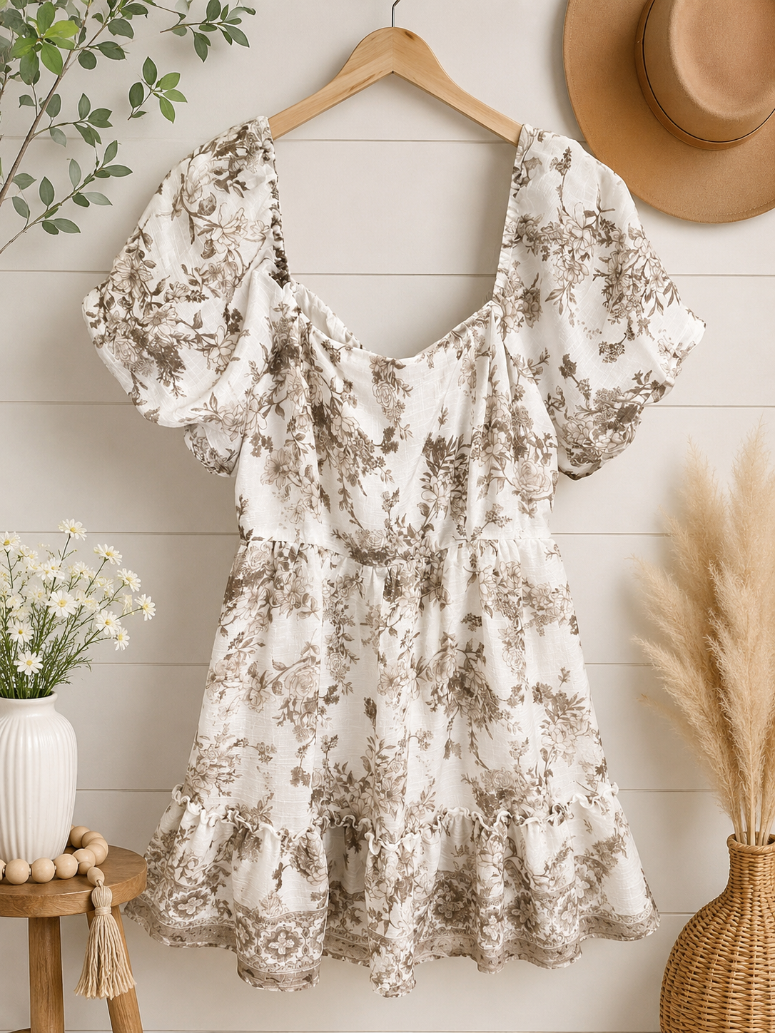 Blu Pepper Ivory Floral Puff Sleeve Mini Dress, Women's Medium