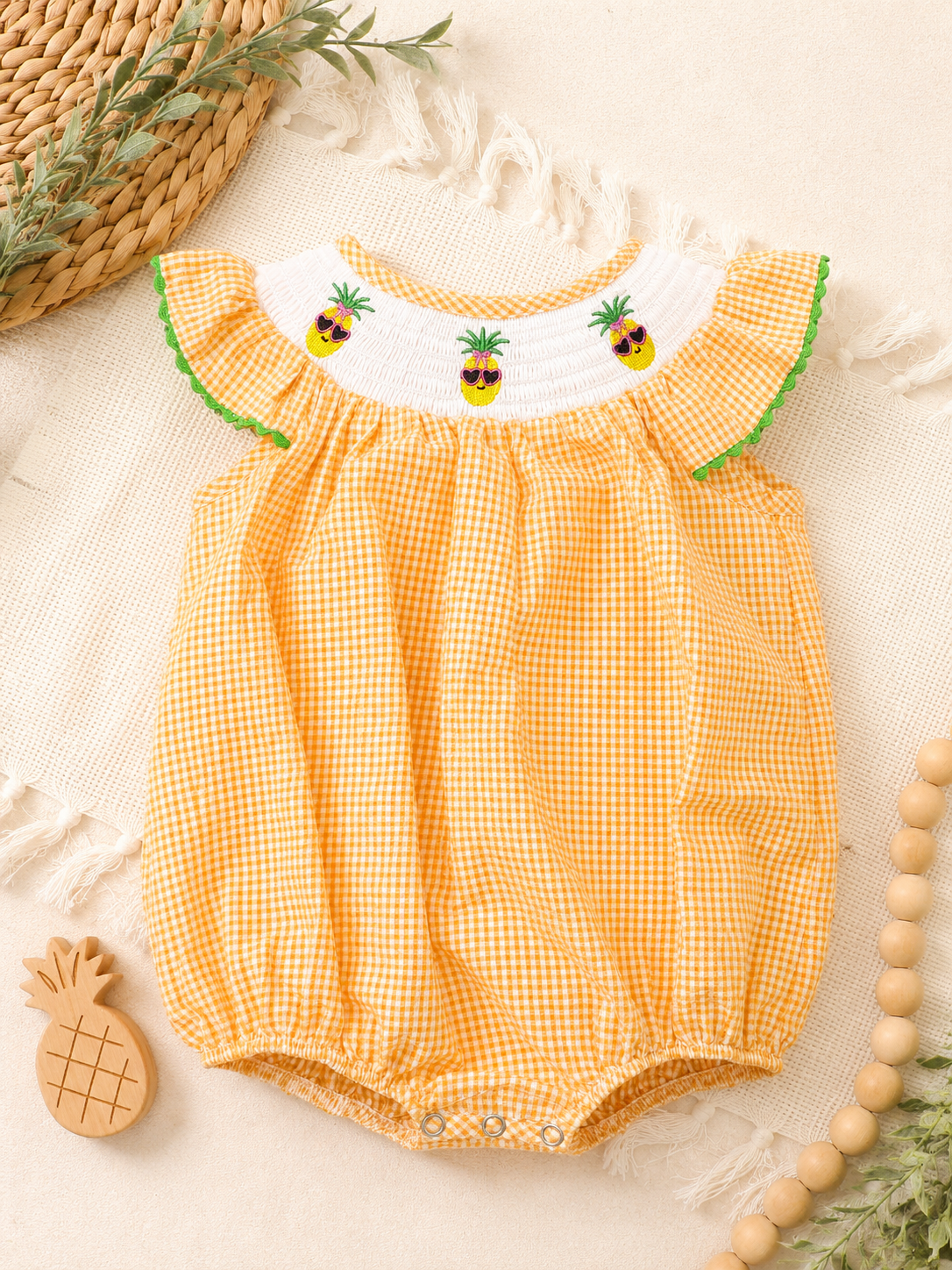 Ladybug Children's Boutique Pineapple Smocked Gingham Bubble Romper, 12-18 mo.