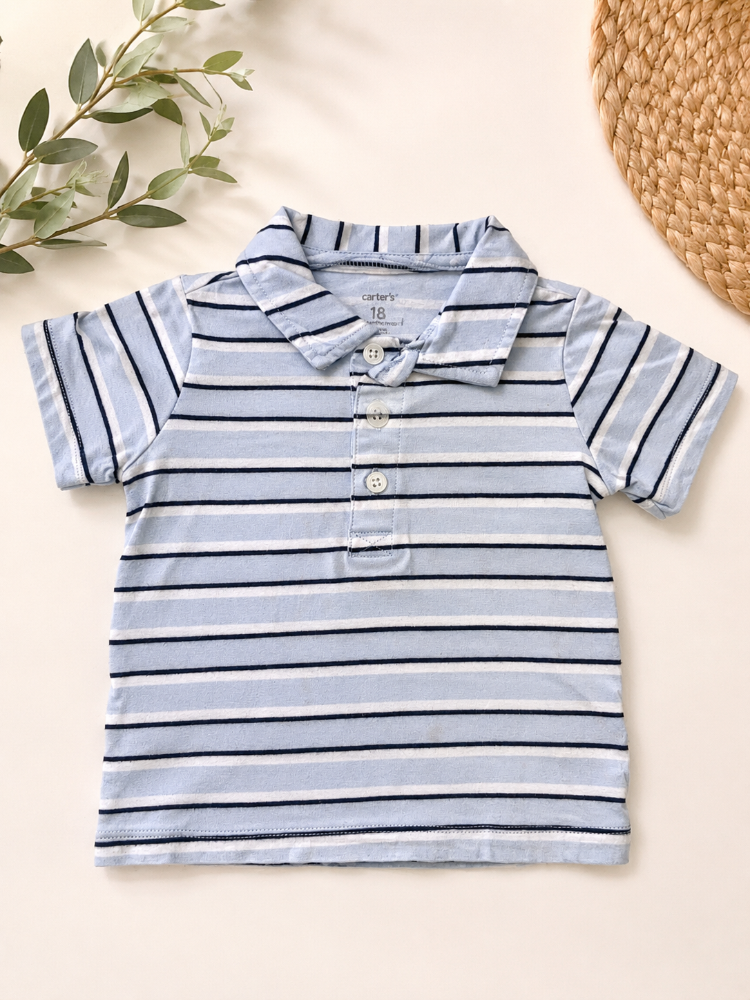 Carter's White, Blue Stripe Short Sleeve Polo, 18 mo.
