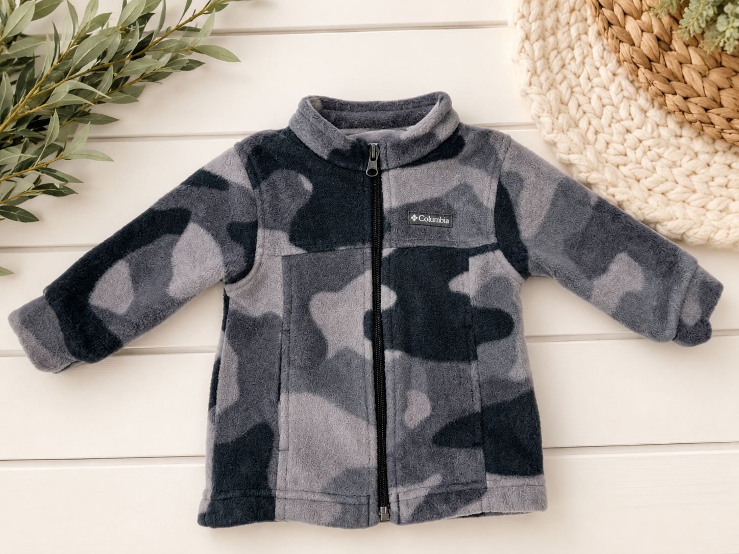 Columbia Gray, Black Camo Fleece Zip Jacket, 6-12 mo.