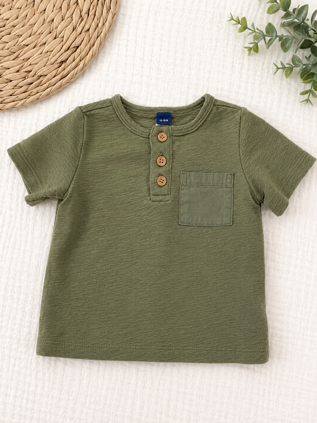 Old Navy Olive Green Textured Henley Pocket Tee, 12-18 mo.