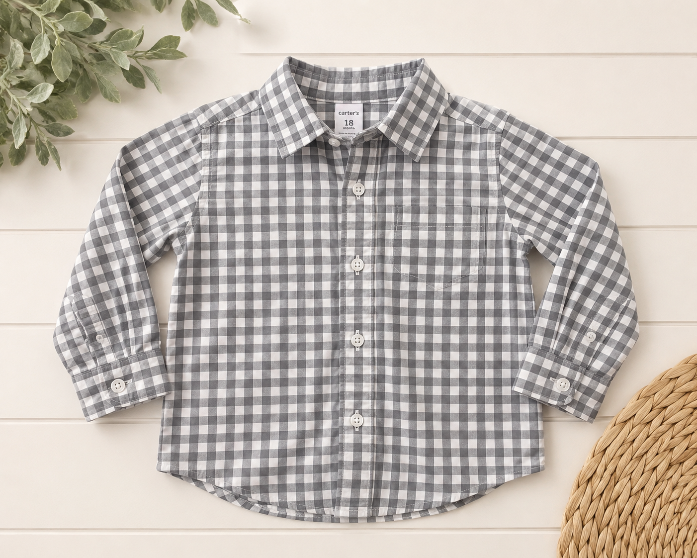 Carter's Gray, White Gingham Button-Up Shirt, 18 mo.