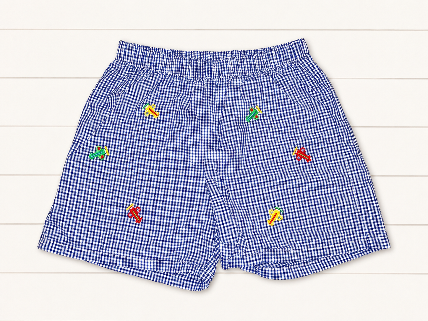 Little English Airplane Embroidered Gingham Shorts, Boys 8