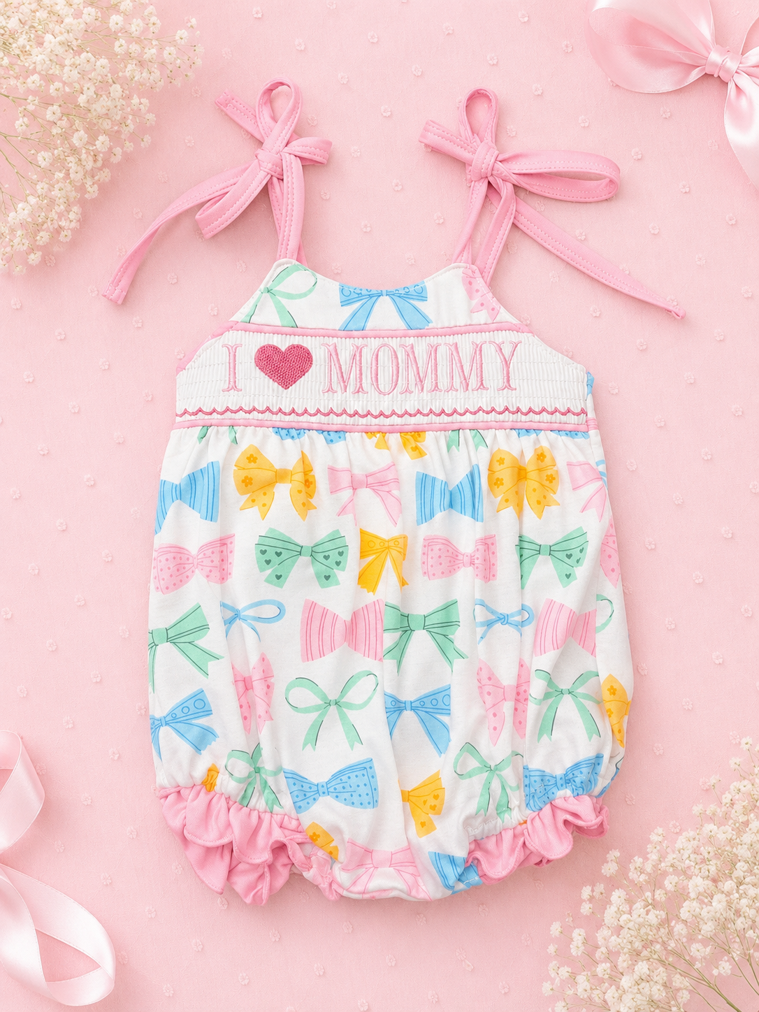 Abby & Evie "I ❤️ Mommy" Smocked Bow Bubble, NWT, 6 mo.