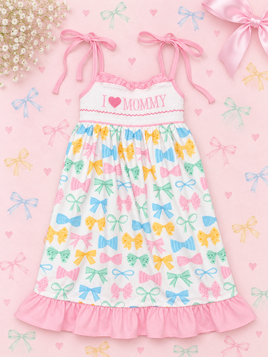 Abby & Evie "I ❤️ Mommy" Smocked Bow Print Dress, 6