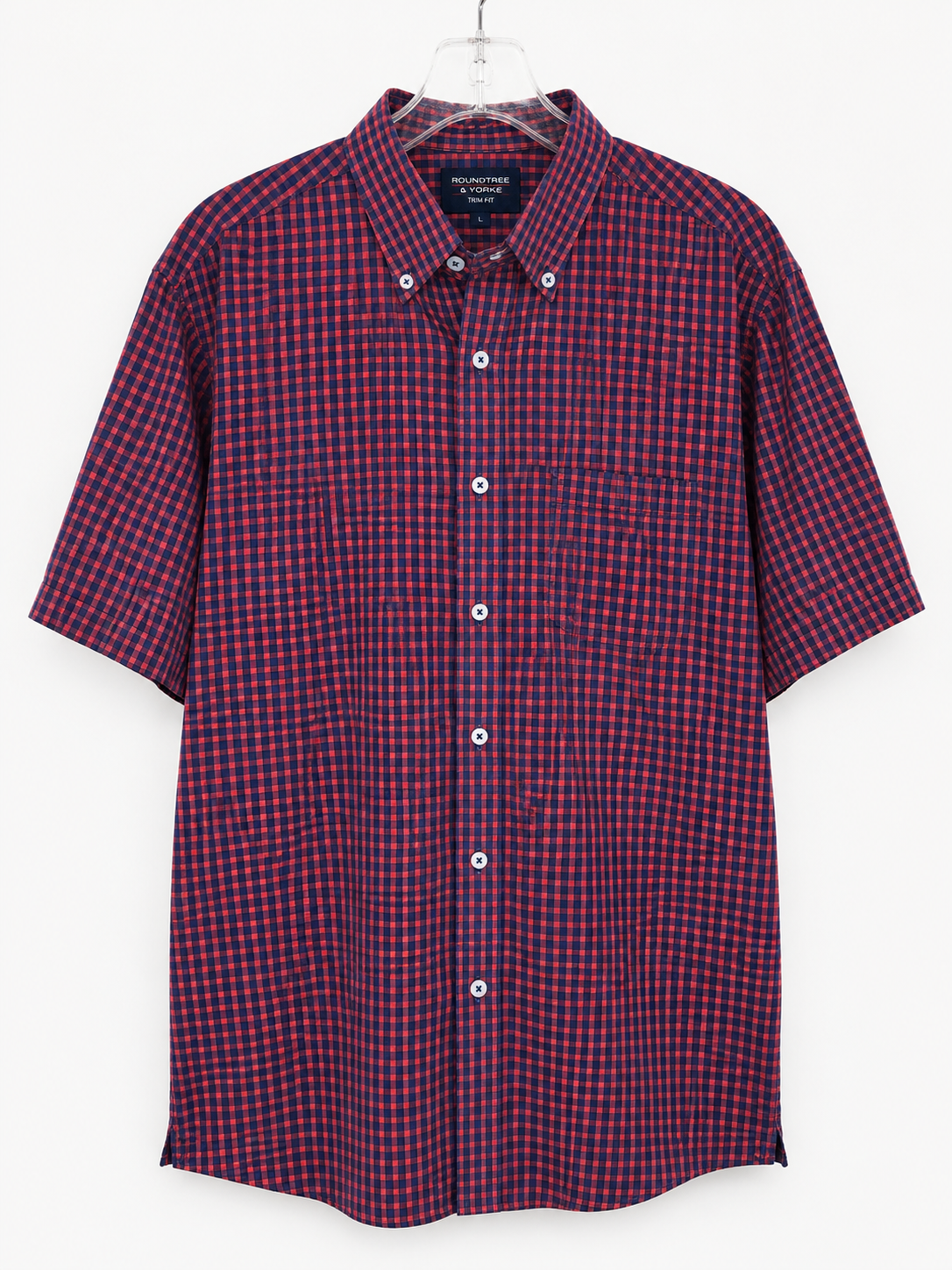 Roundtree & Yorke Red & Navy Check Button-Down SS Shirt, Men's Large