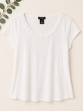 Ann Taylor Petite White Floral Neckline Tee, Large Petite