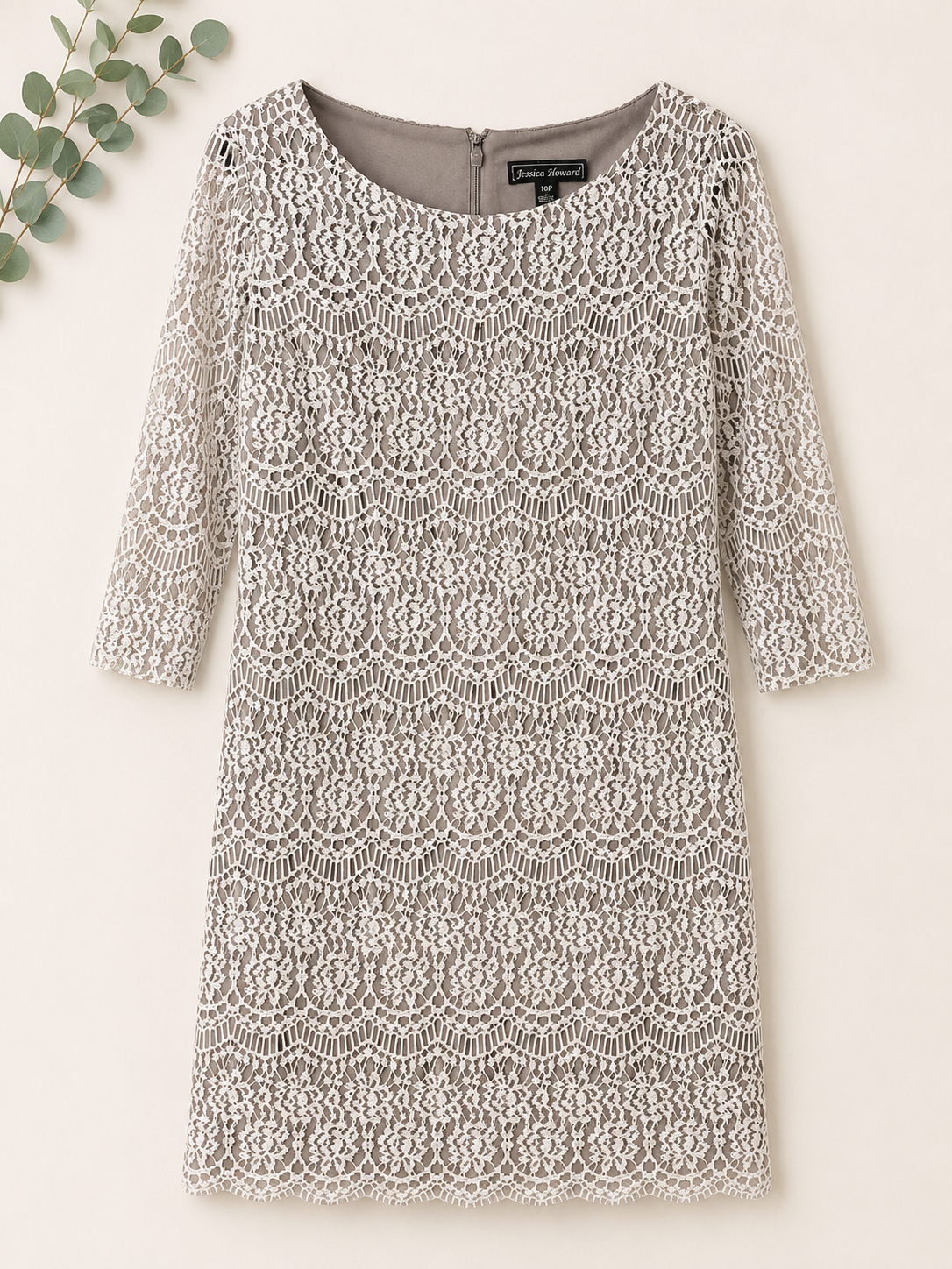 Jessica Howard Taupe, Ivory Lace Sheath Dress, 10 Petite
