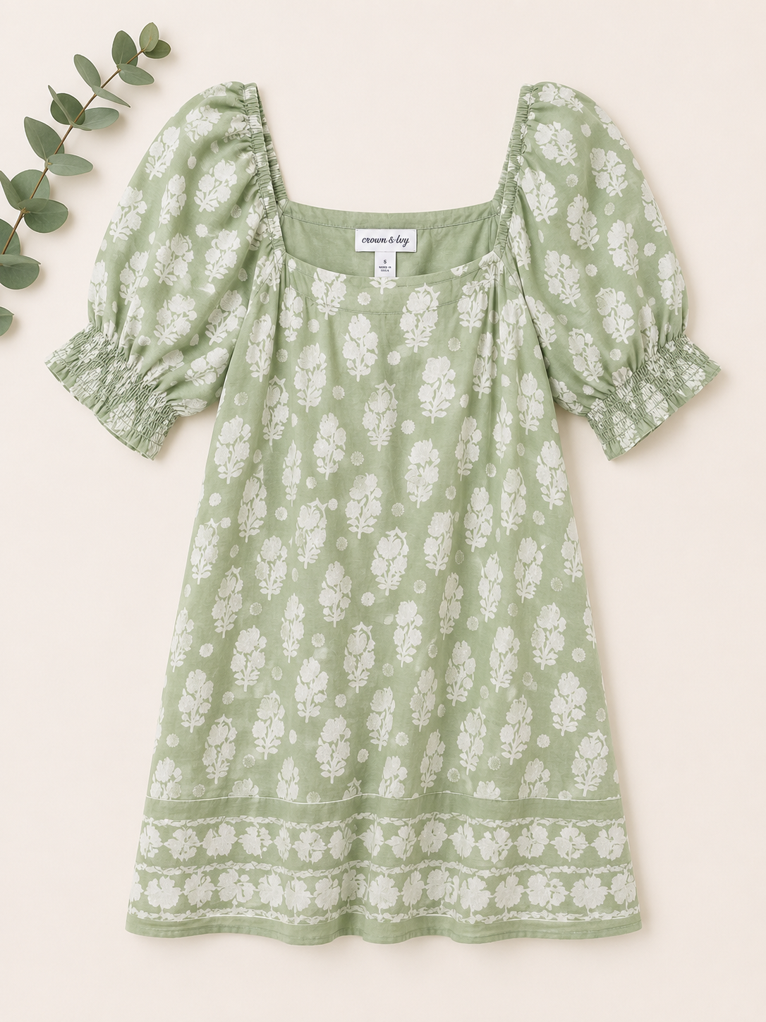 Crown & Ivy Sage Green Floral Puff Sleeve Dress, Women's Small