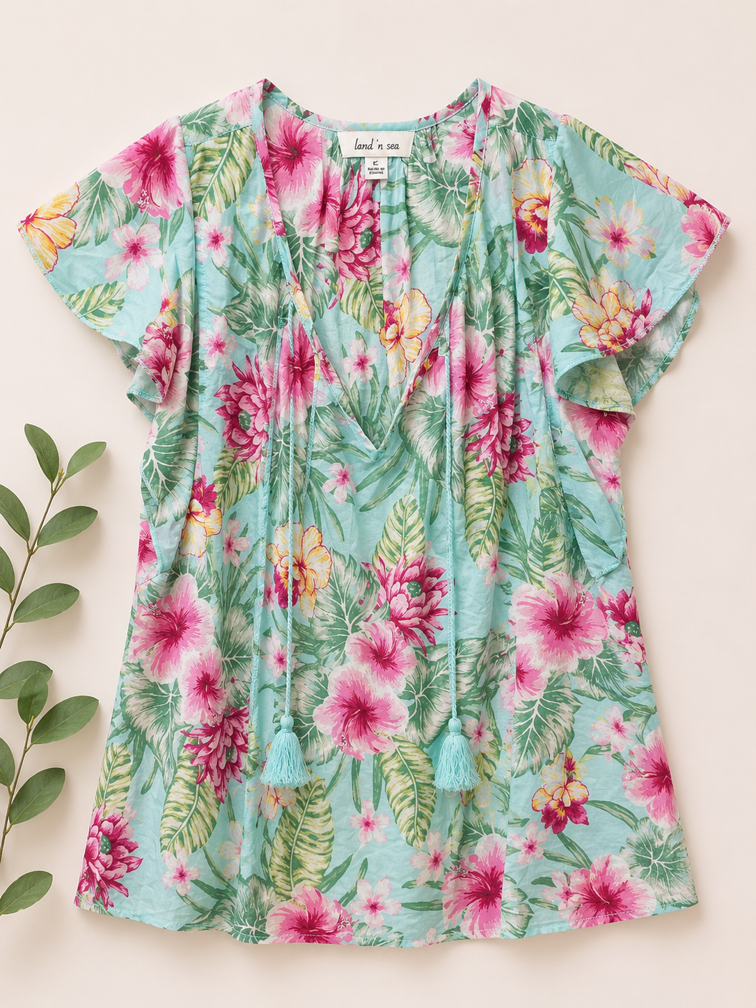 Land 'N Sea Tropical Floral Tassel Top, Women's Large