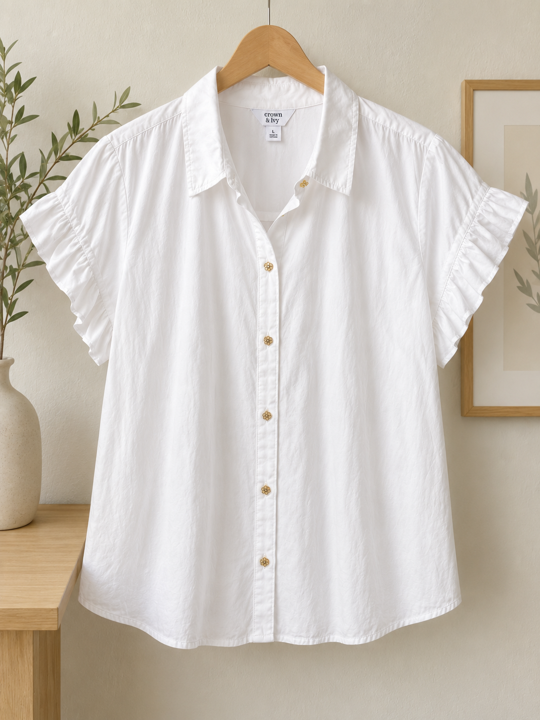 Crown & Ivy White Ruffle Sleeve Button-Up Blouse, Women's Large