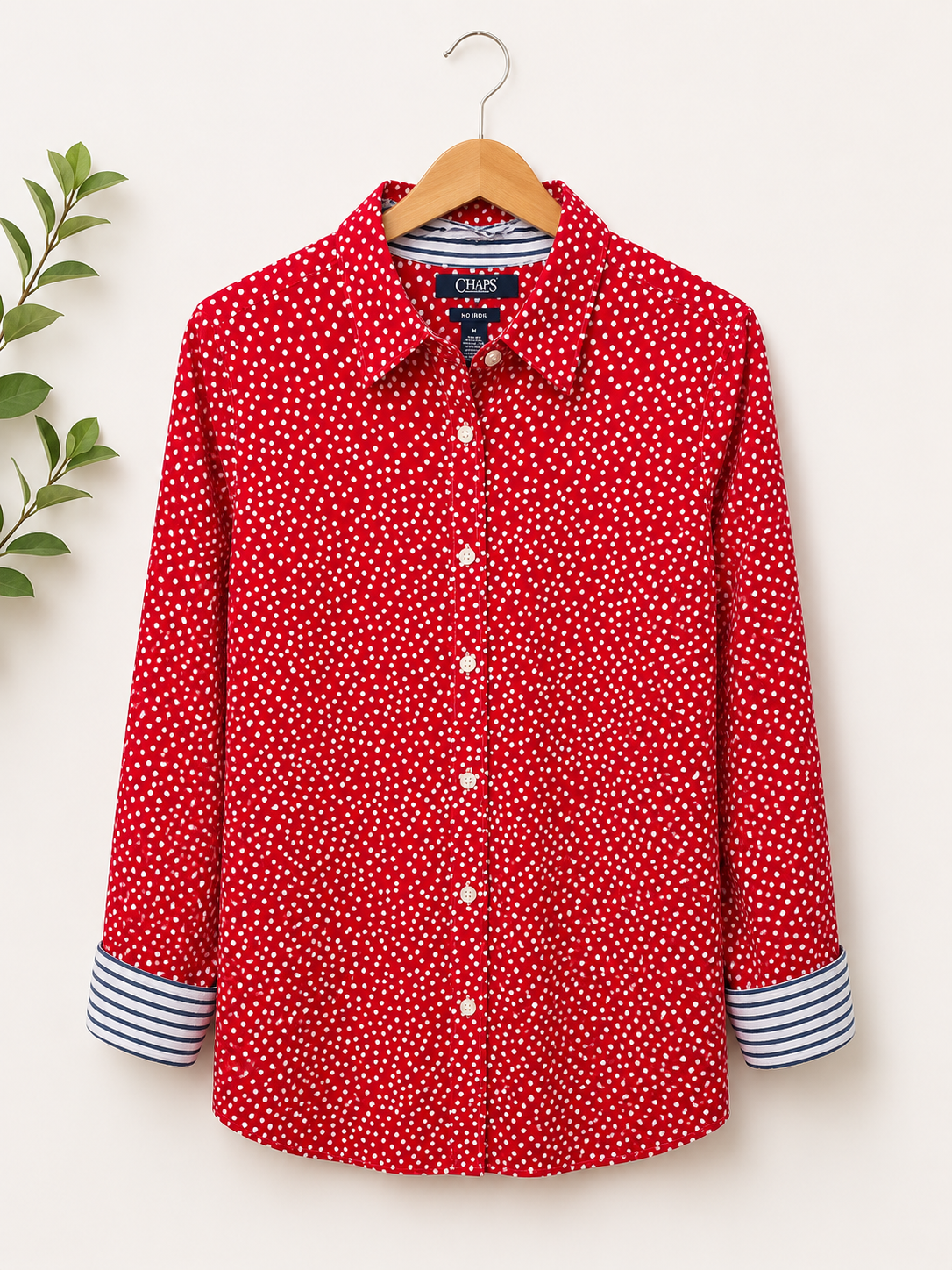 Chaps No Iron Red Polka Dot Button-Up Shirt, Women's Medium