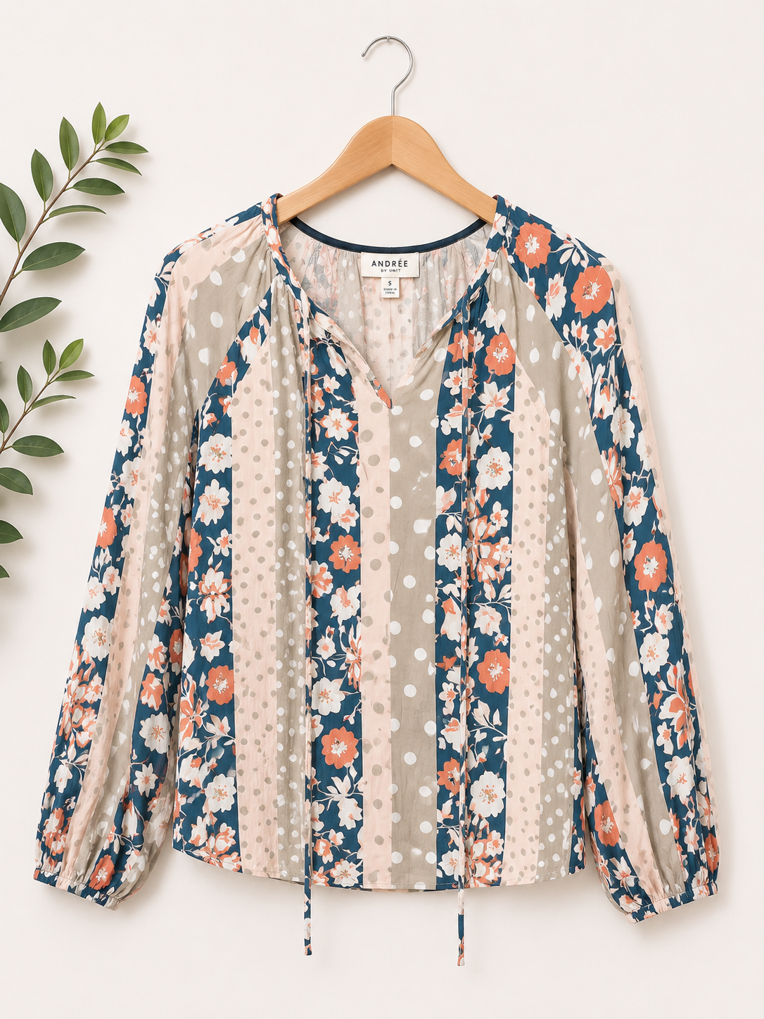 Andree by Unit Mixed Floral & Polka Dot Long Sleeve Blouse NWT, Women's Small