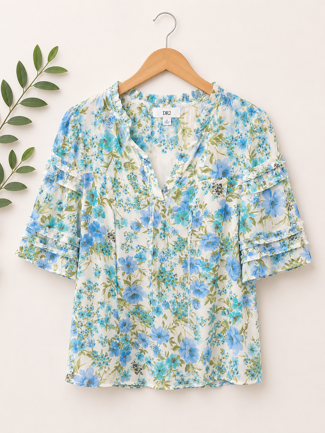 DR2 Blue Floral Ruffle Sleeve Blouse, Women's Small