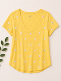 LOFT Yellow Embroidered Floral V-Neck Tee, Women's Medium