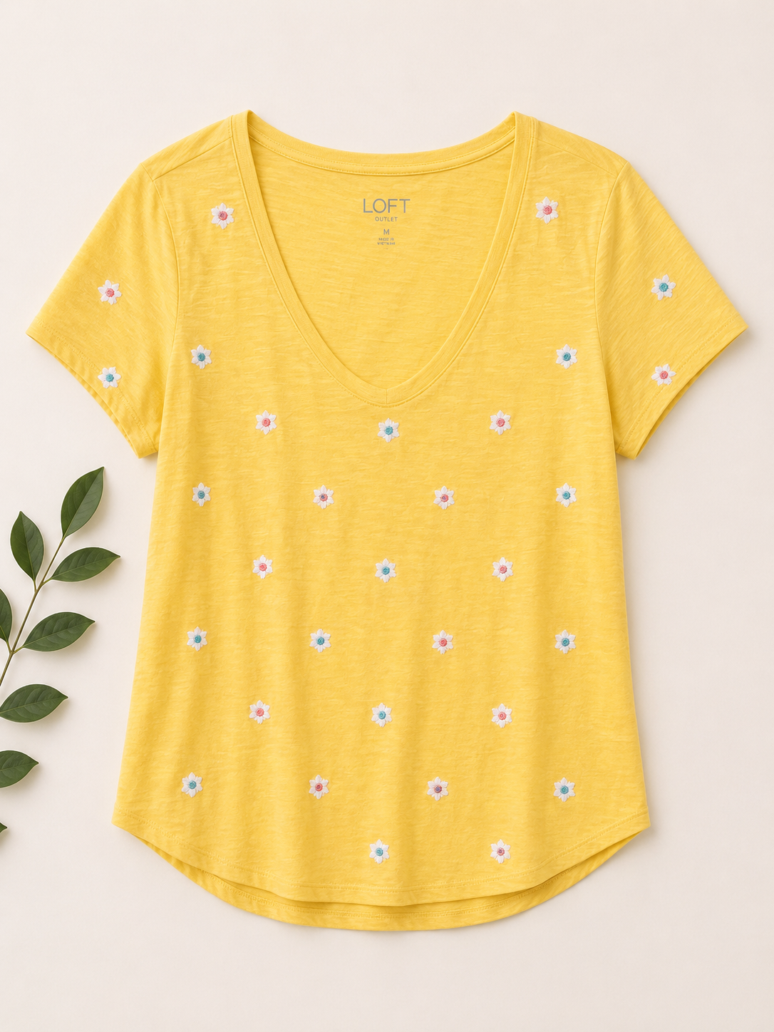 LOFT Yellow Embroidered Floral V-Neck Tee, Women's Medium