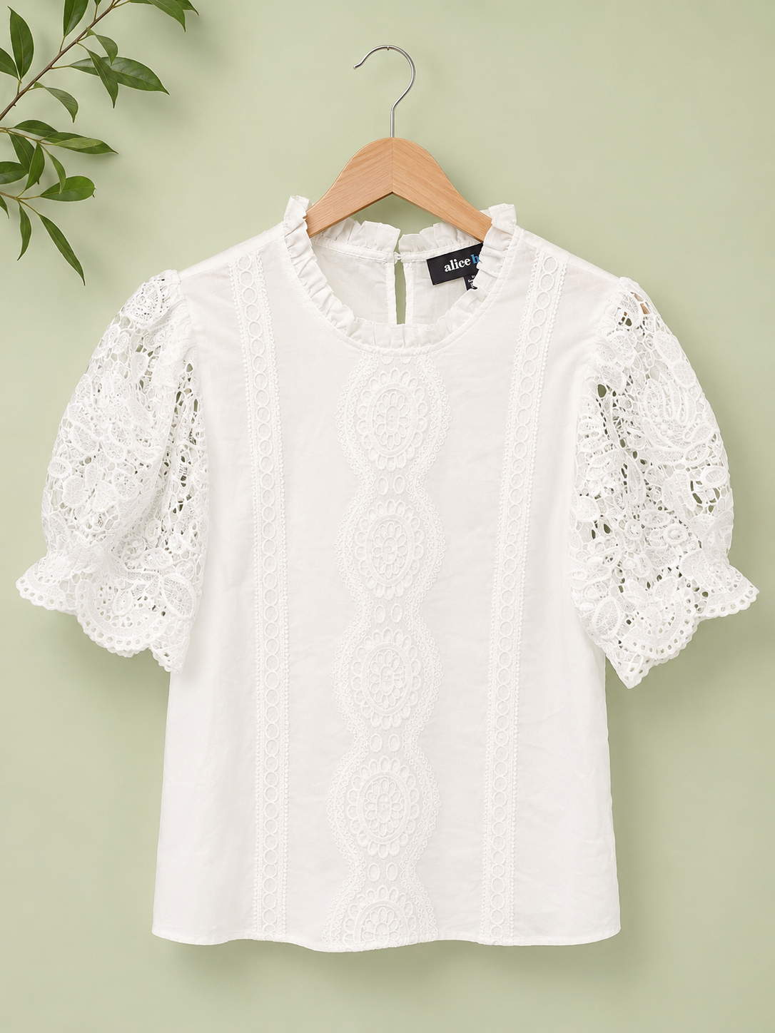 AliceBlue White Lace Puff Sleeve Blouse, Women's Medium