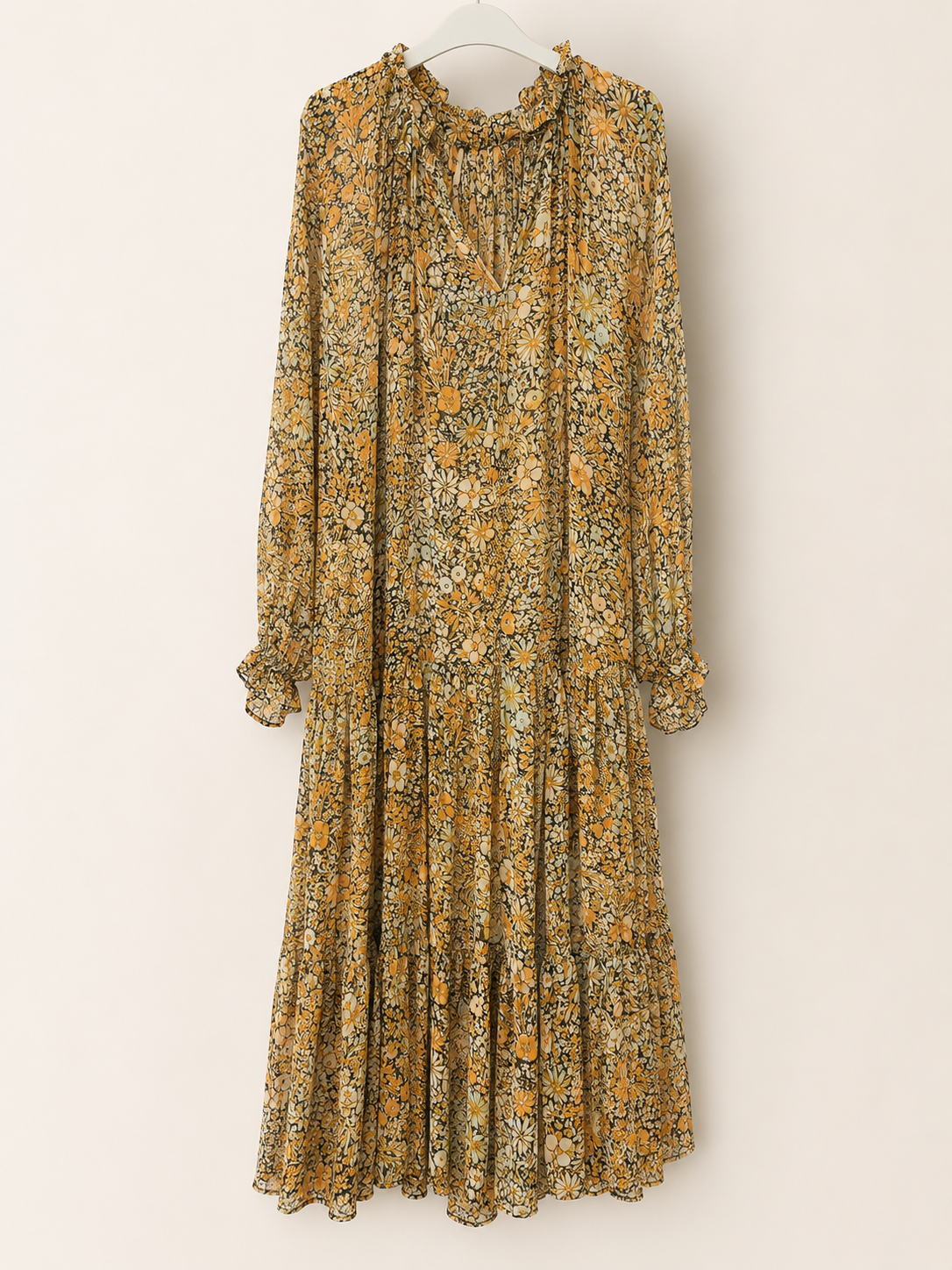 Free People Floral Long Sleeve Tiered Midi Dress, Women's Large