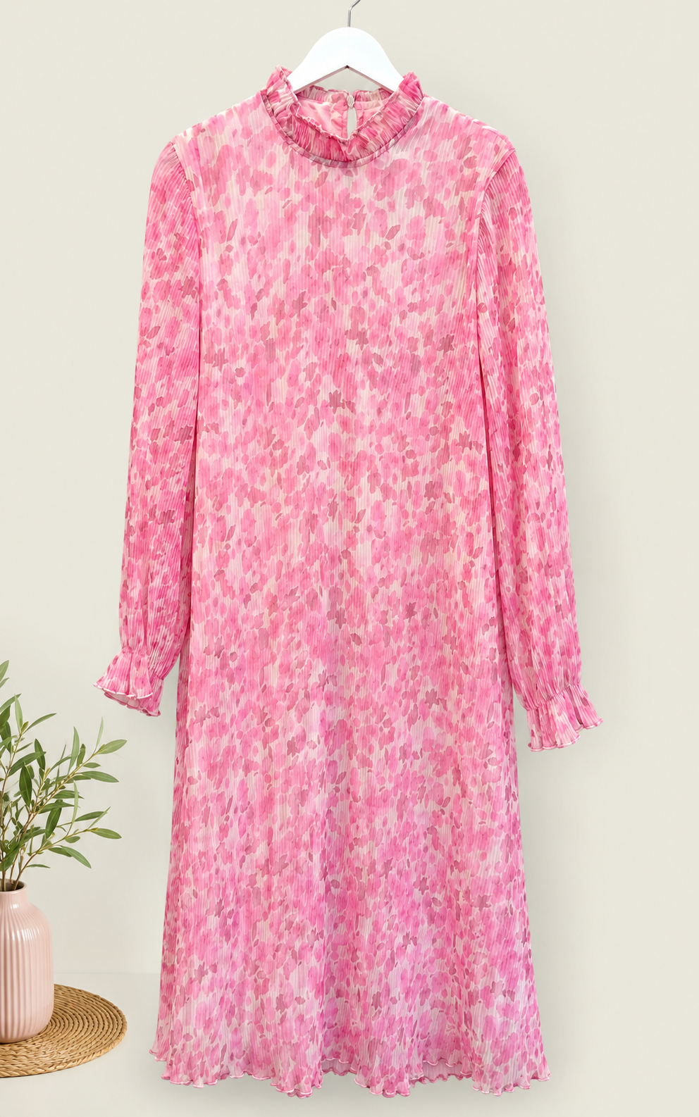 Ganni Pink Abstract Pleated Midi Dress, Women's 10