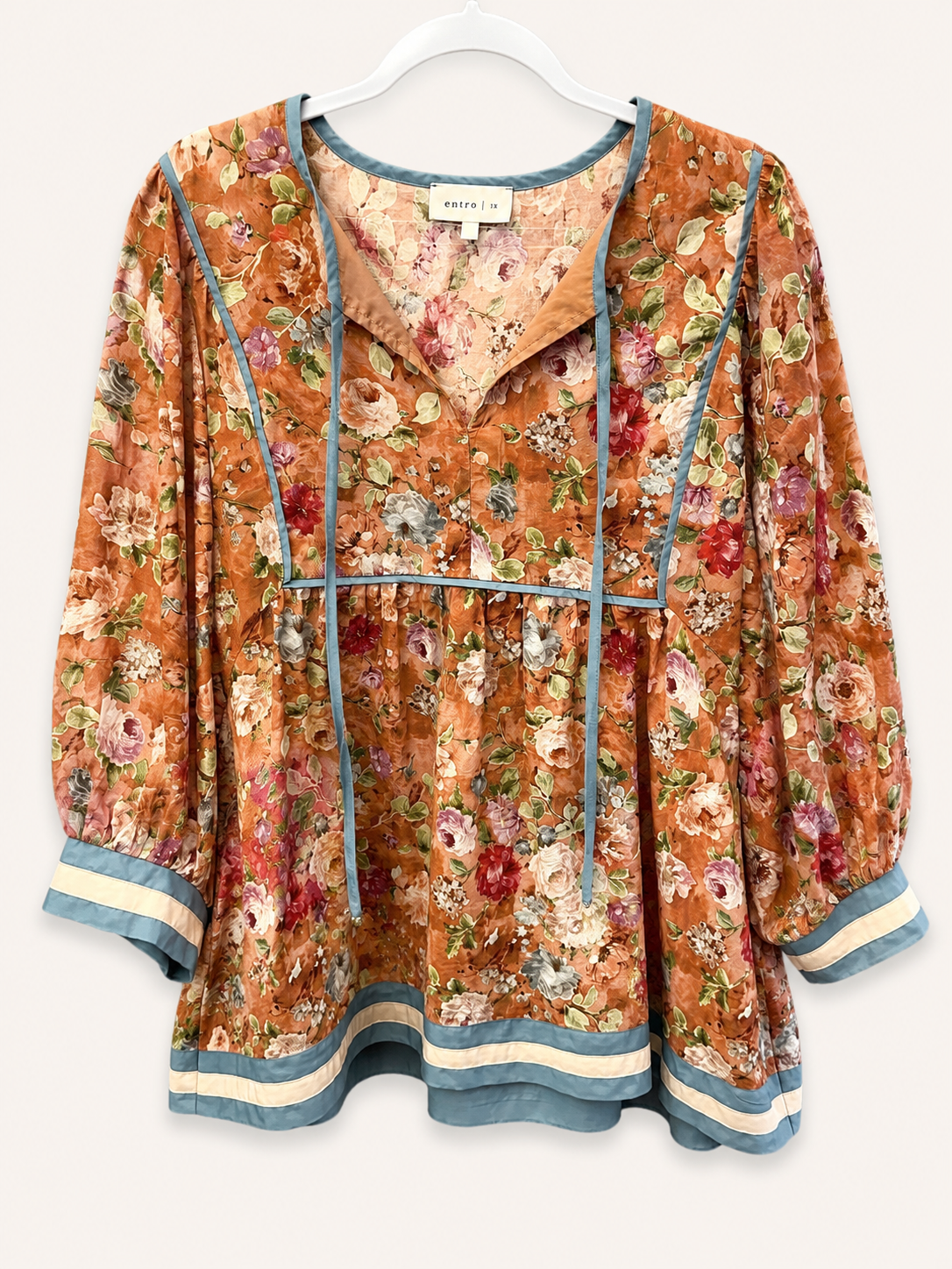 entro Floral Contrast Trim Peplum Blouse, 1X-Large